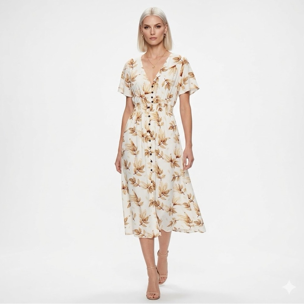 NEW Boho Autumn Leaf Midi Dress MEDIUM Beige Split Sides NWOT